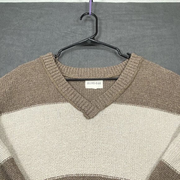 Olive+Oak Striped V-Neck Sweater Brown & Cream Polyester Ribbed Hem Womens M - Picture 8 of 10